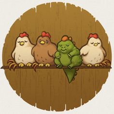 three chickens are sitting on a wooden shelf