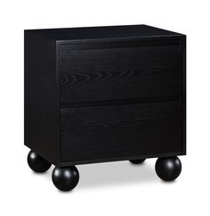 a black nightstand with two drawers on wheels