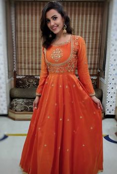 Anarkali Dresses Party Wear, Silk Saree Into Anarkali, Orange Anarkali Suits, Anarkali Frock Design, Anarkali Suits Designer Latest, Anarkali Designs