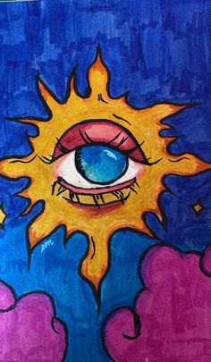 a drawing of an eye and sun with clouds