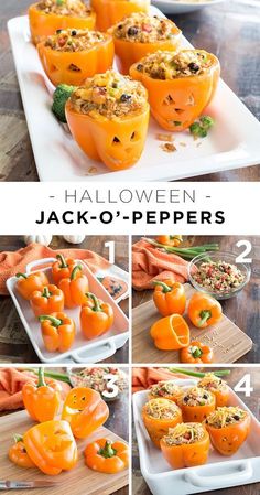 the steps to making halloween jack - o'- lantern peppers are shown in pictures