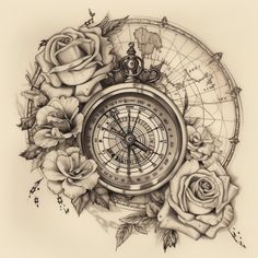 a drawing of roses and an old compass