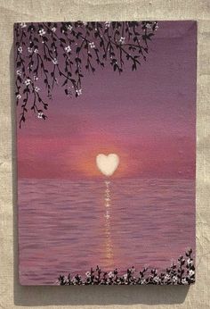 a painting of a sunset over the ocean with a heart in the sky and flowers on the water