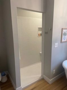 a white toilet sitting next to a walk in shower