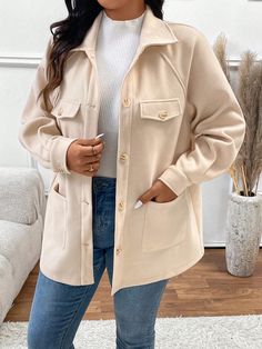 Plus Size Casual Solid Color Dual Pocket Jacket, Autumn Apricot Casual  Long Sleeve Woven Fabric Plain Other Non-Stretch  Women Plus Clothing, size features are:Bust: ,Length: ,Sleeve Length: Khaki Outerwear With Lapel Collar For Fall, Khaki Single Breasted Utility Jacket With Long Sleeves, Khaki Single Breasted Utility Jacket, Khaki Single-breasted Utility Jacket With Long Sleeves, Khaki Single-breasted Long Sleeve Utility Jacket, Khaki Single-breasted Utility Jacket, Solid Collared Outerwear With Pockets, Casual Solid Color Long Sleeve Outerwear, Khaki Long Sleeve Casual Outerwear