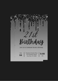 a black and white birthday party card with silver glitter drips on the bottom,