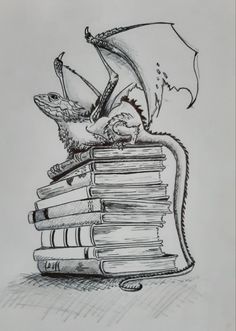 a drawing of a lizard sitting on top of a pile of books