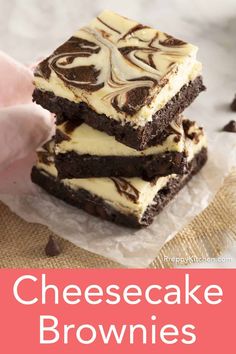 three pieces of cheesecake brownies stacked on top of each other with the title above it