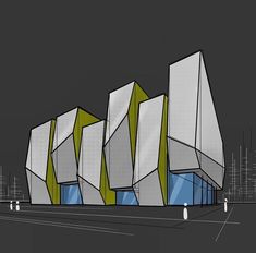 an architectural rendering of a building with green and white panels on the front, against a dark background