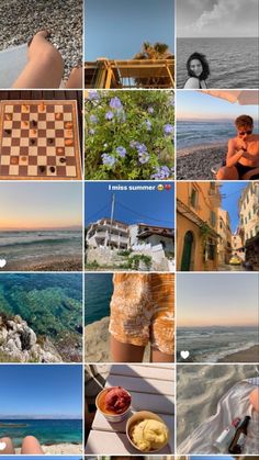 a collage of photos with people playing chess and swimming in the ocean at sunset