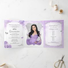 Purple And Gold Quinceanera, Purple Quinceanera Invitations, Light Purple Quinceanera, Purple Quinceanera, Invitations Quinceanera, Letter Folding, Violet Wedding, Princess Birthday Invitations, Floral Birthday Party