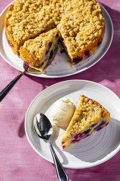 two plates with pie and ice cream on them, one has a slice missing from it