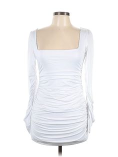 Unbranded Cocktail Dress Size: Large White Dresses - used. 10% SPANDEX, 90% POLYESTER, Mini, Square, Short, Long Sleeve | Cocktail Dress - Mini: White Dresses - Used - Size Large Ruched Mini-length Bodycon Dress, Ruched Bodycon Mini Dress, Long Sleeve Ruched Mini Dress, Cocktail Dress White, White Cocktail, Long Sleeve Cocktail Dress, White Cocktail Dress, White Dresses, Dress Mini