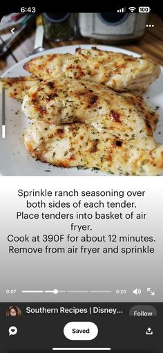 a plate with some food on it and the caption reads, sprinkle ranch seasoning over place tenders into bread for air