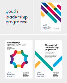 four brochures with different colors and shapes on the front, back and sides