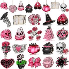 a bunch of pink and black items that are on display in front of a white background