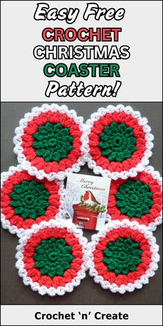 Free crochet pattern - Christmas Coasters from crochet 'n' create. Free fast, quick-easy-beginner-friendly! 'Don't forget to save' Crochet Christmas Coasters, Crochet Coasters Free Pattern, Crocheted Christmas, Crochet Patterns Free, Crochet Christmas Gifts, Crochet Xmas, Crochet Coaster Pattern, Trendy Crochet