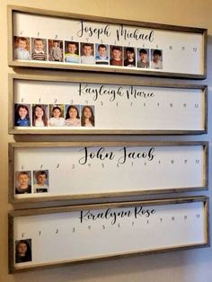 three family pictures hanging on a wall with the names of each family and their children