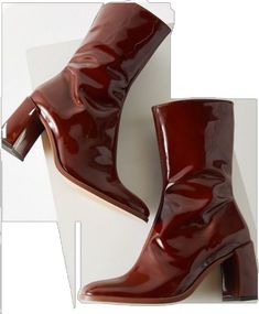 Spring Brown Patent Leather Boots, Fall Patent Leather Heels Medium Width, Fall Patent Leather Heels With Almond Toe, Chic Brown Patent Leather Boots, Brown Patent Leather Boots With Almond Toe, Brown Patent Leather Closed Toe Boots, Brown Patent Leather Boots Medium Width, Miista Shoes, Patent Leather Boots