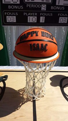 an orange and white basketball sitting on top of a net