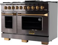 an oven with two burners and three doors on each side, in stainless steel