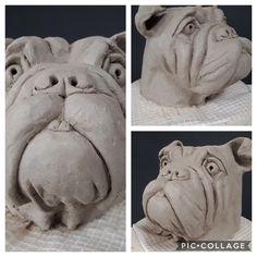 three pictures of a dog's head made out of clay