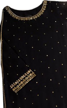 Black Zari Work Dress For Celebrations, Black Semi-stitched Dress For Celebration, Party Salwar Kameez With Dabka And Kundan Details, Party Salwar Kameez With Kundan And Dabka, Festive Black Georgette Sharara, Black Georgette Sharara For Festive Occasions, Black Dress With Resham Embroidery For Celebration, Elegant Black Kurta For Celebration, Black Sharara With Dupatta For Party