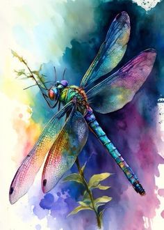 a painting of a dragonfly sitting on top of a plant with watercolor paint