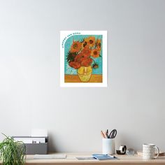 a painting of sunflowers in a vase on a table