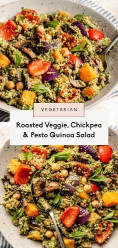 roasted veggie chickpea and pesto quino salad in two bowls