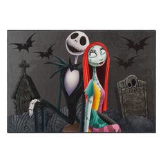 a painting of a girl with red hair and a skeleton