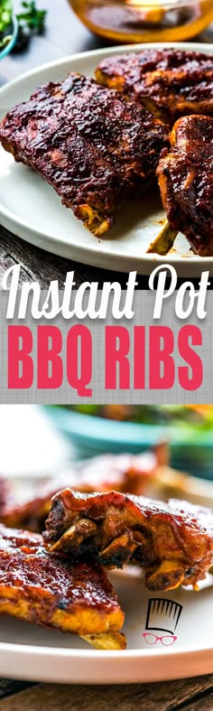 two plates with barbecue ribs on them and the words instant pot roast bbq ribs