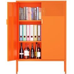 an orange cabinet filled with bottles and books