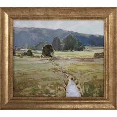 an oil painting of a stream running through a grassy field with mountains in the background