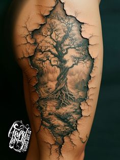 #treetattoo #3dtattoo #crackedskintattoo #realistictattoo #blackandgreytattoo #naturetattoo #surrealismtattoo #inkinspiration #thightattoo #legtattoo Open Flesh Tattoo, Skin Cracking Tattoo, Metal Sleeve Tattoo, Tree Tattoo Men Arm, Shattered Tattoo, Family Tree Tattoo With Names, Tree Trunk Tattoo, Skull Tree Tattoo, Cracked Tattoo