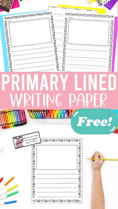 the printable writing paper for primary and secondary school students is shown with colored crayons