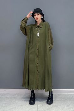 Sku CY-!124470 Material Polyester Fiber Style Vintage Feature Pleated Neckline Lapel Occasion Casual, Vintage Seasons Spring, Winter Type Maxi Dress Color Army Green Size One Size Size Chart: Please consult the size chart we provide for this item's measurements to help you decide which size to buy. Please note: There may be 1-3cm differ due to manual measurement. CM Bust Shoulder Sleeve Length One size 120 53 52 118 Green Winter Dress With Button Closure, Green Button-up Shirt Dress For Work, Green Long Sleeve Shirt Dress With Button Closure, Green Shirt Dress With Button Closure For Work, Green Collared Shirt Dress For Fall, Green Button-up Shirt Dress With Buttons, Green Long Sleeve Shirt Dress For Fall, Green Shirt Dress For Fall Workwear, Green Shirt Dress For Workwear In Fall