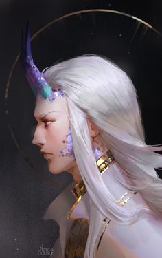 a digital painting of a woman with white hair and horns