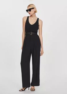 Belt long jumpsuit - Women | Mango USA Floral Crochet Dress, Long Jumpsuit, Maternity Skirt, Long Jumpsuits, Wedding Guest Dress Summer, Sleeveless Jumpsuits, Blouse And Skirt, Black Jumpsuit, Dress With Bow