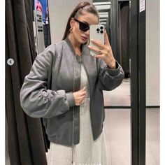 Oversize Bomber Jacket With A Round Neckline And Long Sleeves With Gathering And Cuffs. Front Welt Pockets. Front Fastening With Metal Zip. S9 Gray Art, Bomber Jackets, Zara Jackets, Welt Pockets, Welt Pocket, Faux Suede, Round Neckline, Bomber Jacket, Jackets & Coats