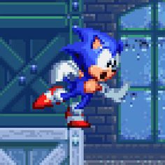 sonic the hedgehog is flying through the air in front of a brick wall and window