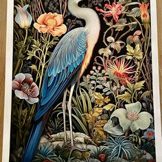 a painting of a blue bird standing in the middle of flowers and plants on a black background