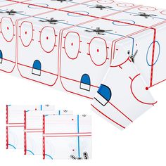 an ice hockey rink is shown with red and blue lines on the sides, along with two sets of goalies