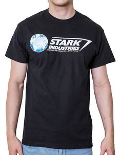 a man wearing a black t - shirt that says stark industries