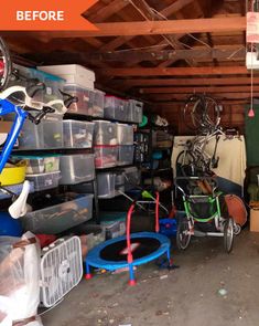 a garage filled with lots of different types of bikes