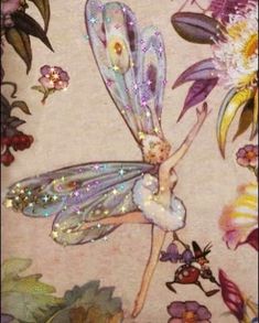 a painting of a fairy with flowers and butterflies on it's back, flying through the air