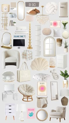 a collage of white furniture and accessories in various sizes, shapes, and colors