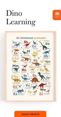 A framed poster of an alphabet print. In a wooden frame on a white wall Whimsical Nursery Decor, Alphabet Art Print, Dinosaur Alphabet, Dinosaur Bedroom, Montessori Playroom, Whimsical Nursery, Prehistoric World, Theme Nursery