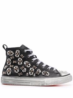 Black leather Megastar crystal-embellished high-top sneakers from PHILIPP PLEIN featuring crystal embellishment, flat rubber sole, front lace-up fastening and round toe. Philipp Plein Shoes, Philipp Plein Sneakers, Kawaii Shoes, Chain Strap Bag, Floral Shoes, Perforated Leather, Sneakers Blue, Philipp Plein, Crystal Embellishment