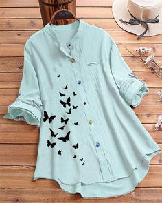 Butterfly White, Butterfly Blue, Casual Shirt Women, Cheap Shirts, Stylish Plus, Button Up Blouse, Roll Up Sleeves, Estilo Boho, Printed Sleeves